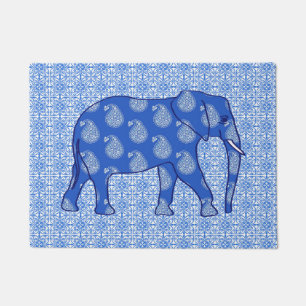 Paisley elephant, Cobalt Blue and White Doormat