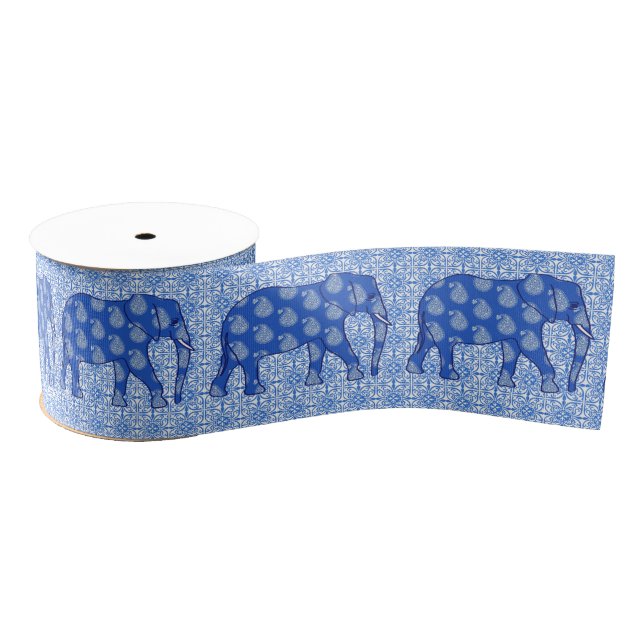 Paisley elephant - cobalt blue and white grosgrain ribbon (Spool)