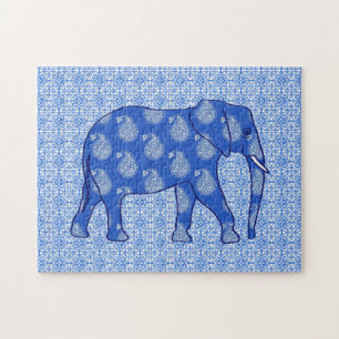 Paisley elephant, Cobalt Blue and White Jigsaw Puzzle