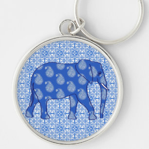 Paisley elephant - cobalt blue and white keychain