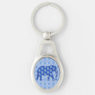 Paisley elephant - cobalt blue and white keychain