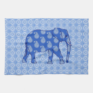 Paisley elephant - cobalt blue and white kitchen towel