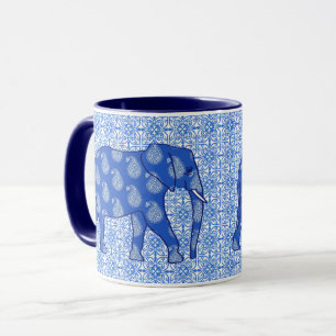 Paisley elephant - cobalt blue and white mug