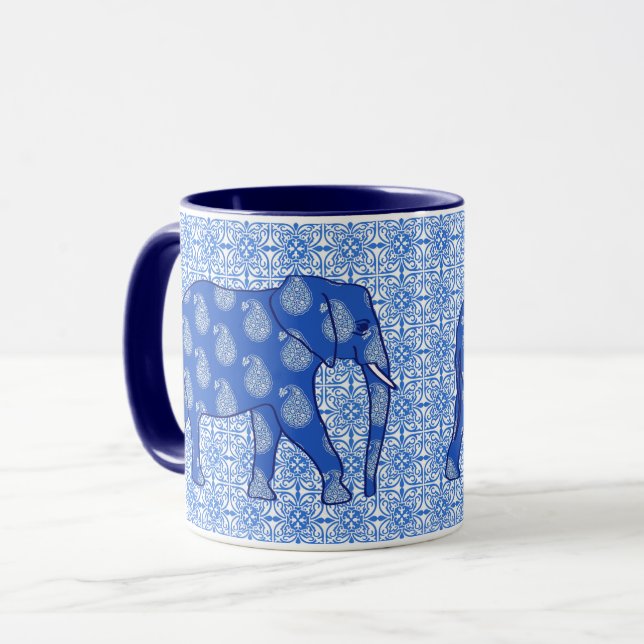 Paisley elephant - cobalt blue and white mug (Front Left)