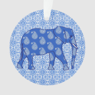 Paisley elephant - cobalt blue and white ornament