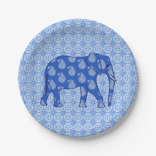Paisley elephant - cobalt blue and white paper plate