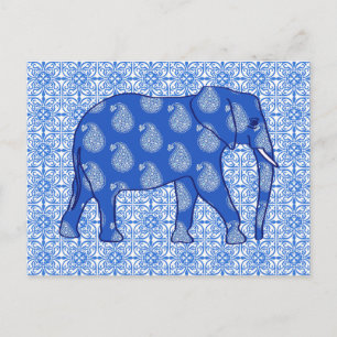 Paisley elephant - cobalt blue and white postcard