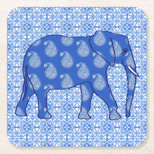 Paisley elephant - cobalt blue and white square paper coaster