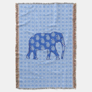 Paisley elephant - cobalt blue and white throw blanket