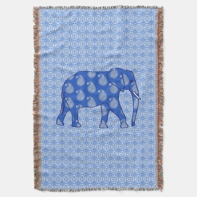 Paisley elephant - cobalt blue and white throw blanket (Front Vertical)
