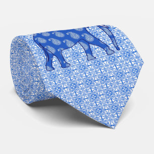 Paisley elephant - cobalt blue and white tie
