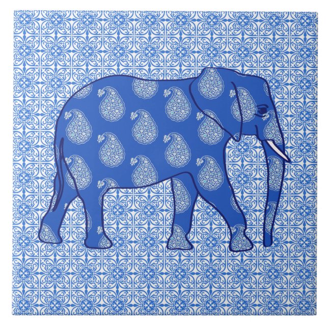Paisley elephant - cobalt blue and white tile (Front)