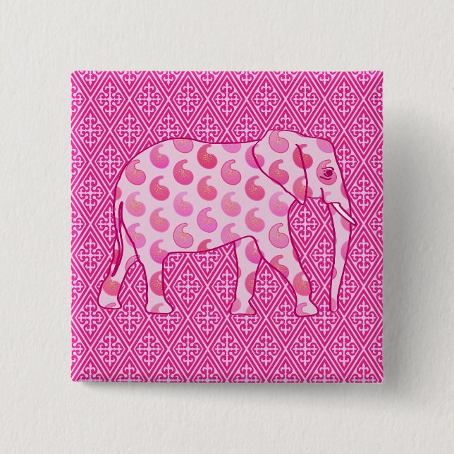 Paisley elephant - ice pink and fuchsia 2 inch square button (Front)