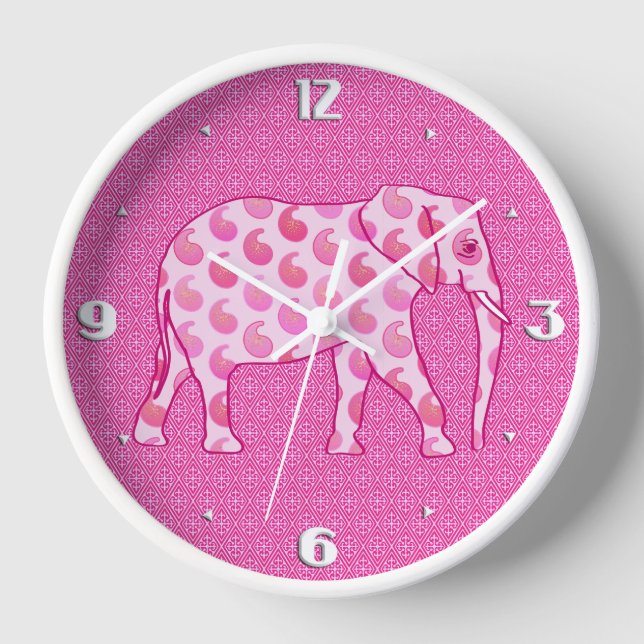Paisley elephant - ice pink and fuchsia wall clock (Front)
