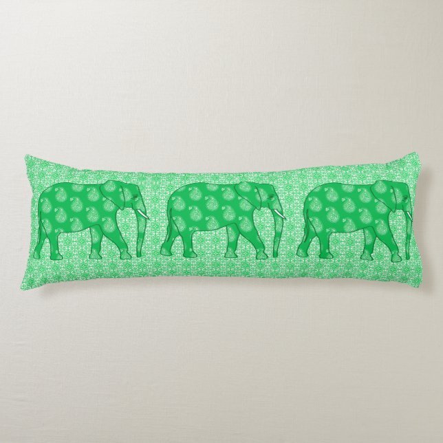 Paisley elephant - jade green and white body pillow (Front)