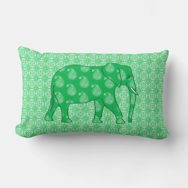 Paisley elephant - jade green and white lumbar pillow (Front)