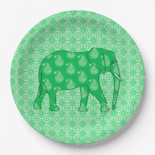 Paisley elephant - jade green and white paper plate