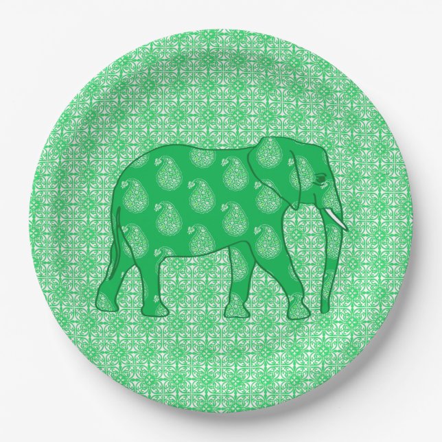 Paisley elephant - jade green and white paper plate (Front)