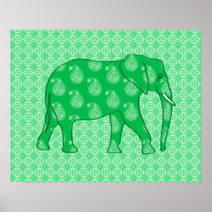 Paisley elephant - jade green and white poster