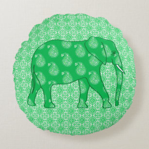 Paisley elephant - jade green and white round pillow