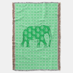 Paisley elephant - jade green and white throw blanket