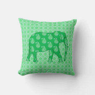 Paisley elephant - jade green and white throw pillow