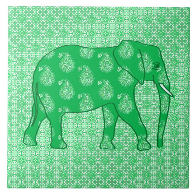 Paisley elephant - jade green and white tile (Front)
