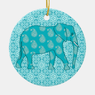 Paisley elephant - turquoise and aqua ceramic ornament