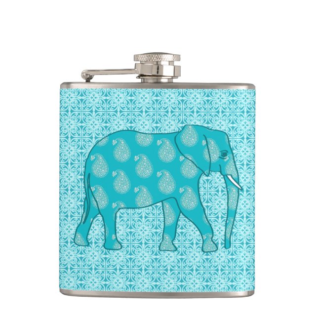 Paisley elephant - turquoise and aqua hip flask (Front)