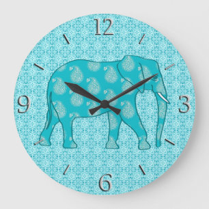 Paisley elephant - turquoise and aqua large clock