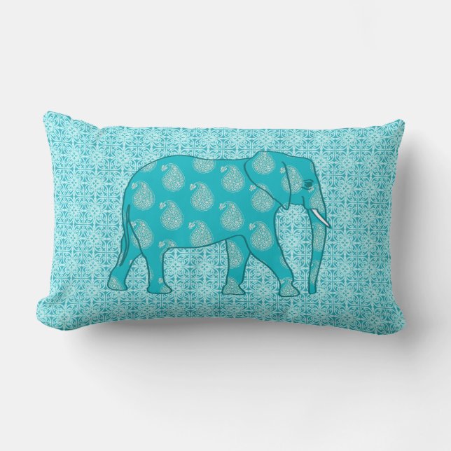 Paisley elephant - turquoise and aqua lumbar pillow (Front)