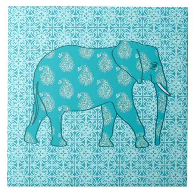 Paisley elephant - turquoise and aqua tile (Front)