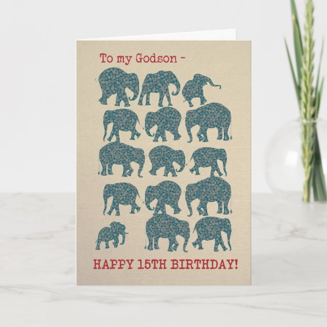 Paisley Elephants 15th Birthday Card for Godson (Front)