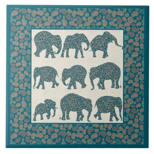 Paisley Elephants on Beige and Border Ceramic Tile (Front)