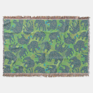 Paisley Elephants on Green Leaves Throw Blanket