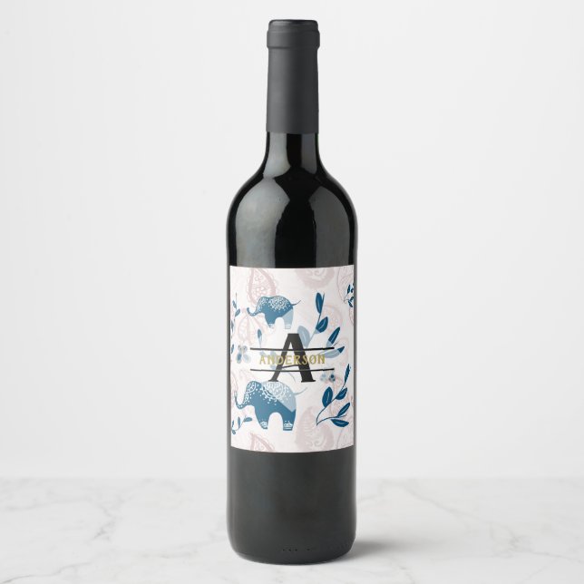 Paisley Elephants Pastel Blue Pink Monogram Custom Wine Label (Front)
