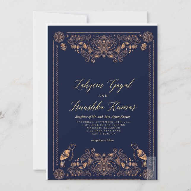 Paisley et oiseaux indiens - Faire-part de mariage (Devant)
