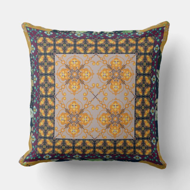 Paisley | Fall Colours | Faux Quilted Square Throw Pillow (Front)