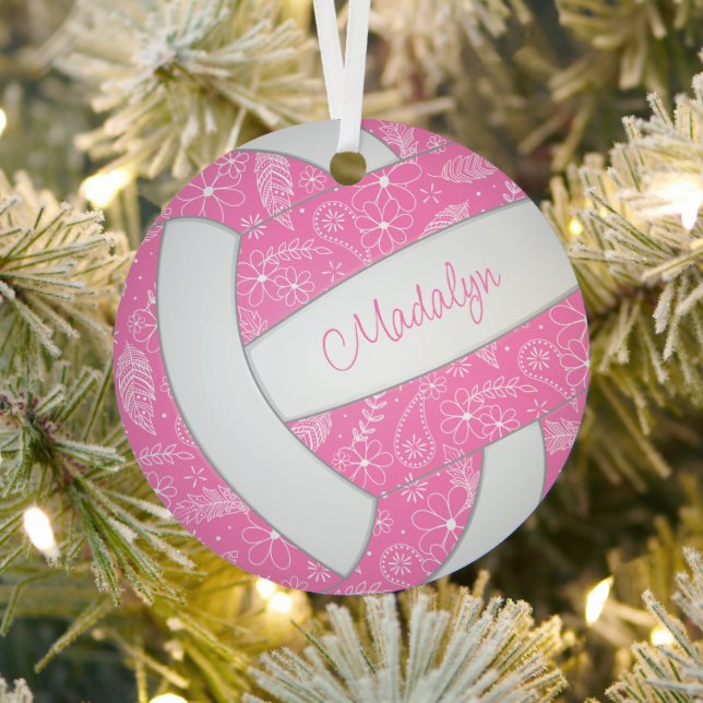 paisley feathers floral pink white boho volleyball metal ornament (Insitu)