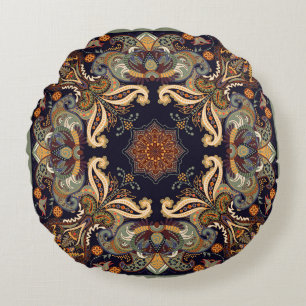 Paisley Floral: Batik Shawl Elegance. Round Pillow