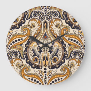 Paisley Floral: Colourful Seamless Design Large Clock