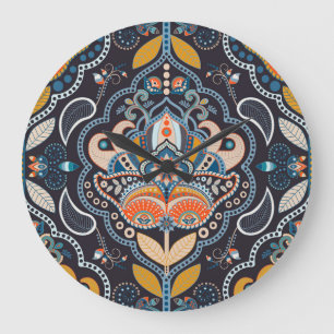 Paisley Floral: Dark Indian Pattern Large Clock