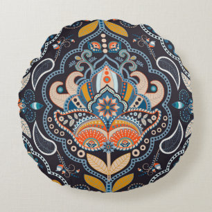 Paisley Floral: Dark Indian Pattern Round Pillow