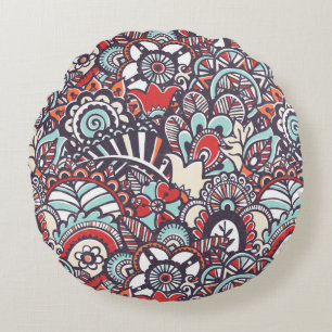 Paisley Floral Doodle Pattern Round Pillow