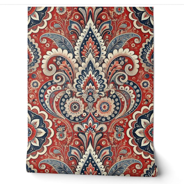 Paisley Floral Fusion in Red, White, and Blu Wallpaper (Unrolling)