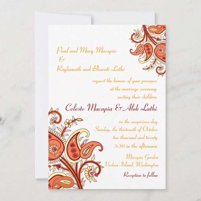 Paisley Floral Gold Red Orange Indian Wedding Invitation (Front)