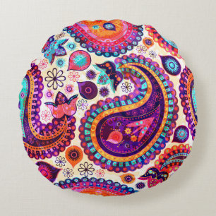 Paisley Floral Indian Seamless Ornament Round Pillow