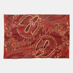 Paisley Floral Ornament Ruby red and gold Kitchen Towel