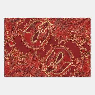 Paisley Floral  Ornament Ruby red and gold Wrapping Paper Sheet