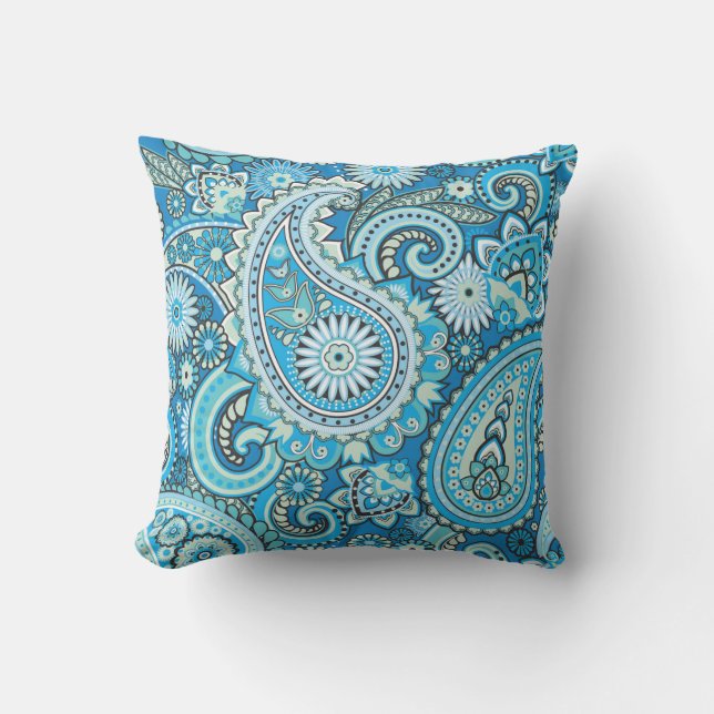 Paisley Floral Pattern Blue Outdoor Pillow (Front)